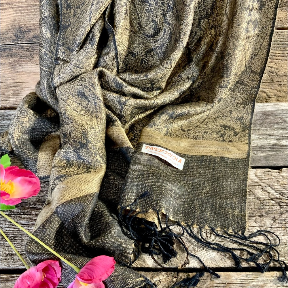 Pashmina Scarf Wrap Genuine Pashmina/Silk Black/Gold/Brown New Unworn